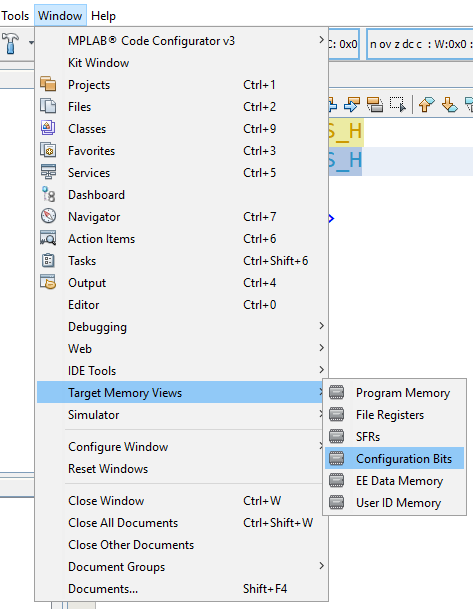 MPLAB X IDE config bits menu