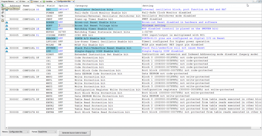 MPLAB X IDE config bits screen