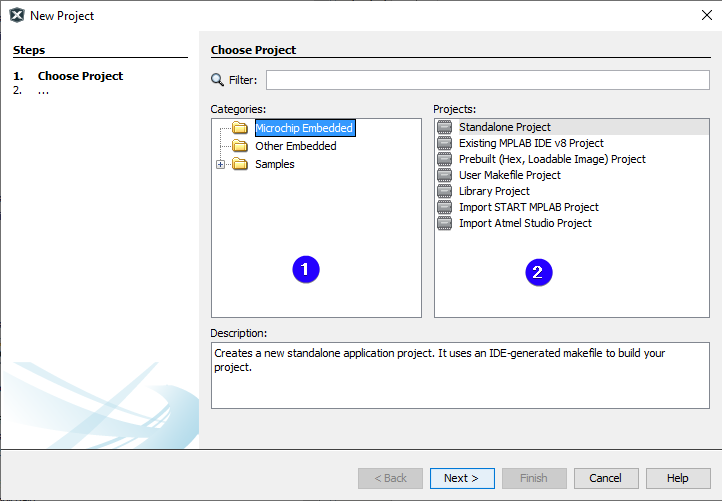 MPLAB X IDE create new project screen 1