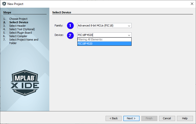 MPLAB X IDE create new project screen 2