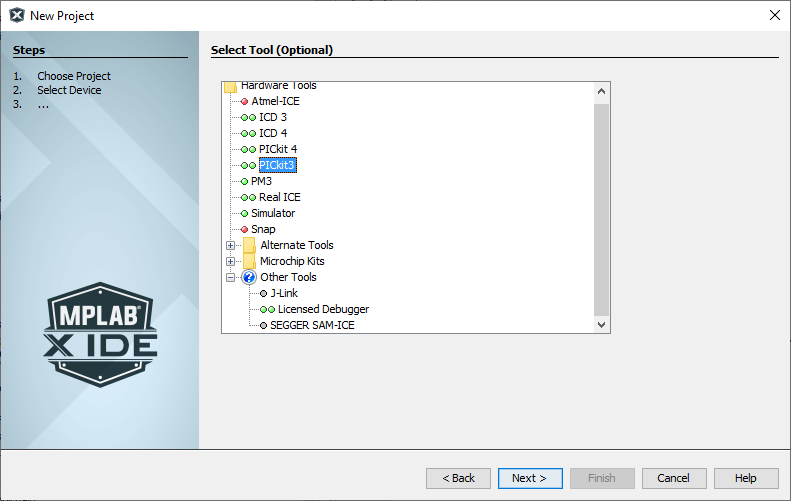MPLAB X IDE create new project screen 3